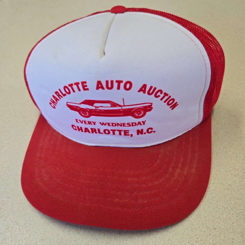 VTG Yupoong Charlotte Auto Auction Hat Red White Mens OSFA Mesh Snapback Trucker
